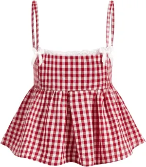 Women's Plaid Print Lace Bow Camisole Tops Spaghetti Strap Ruffle Hem Flared Cami Shirts Streetwear Cute Tops