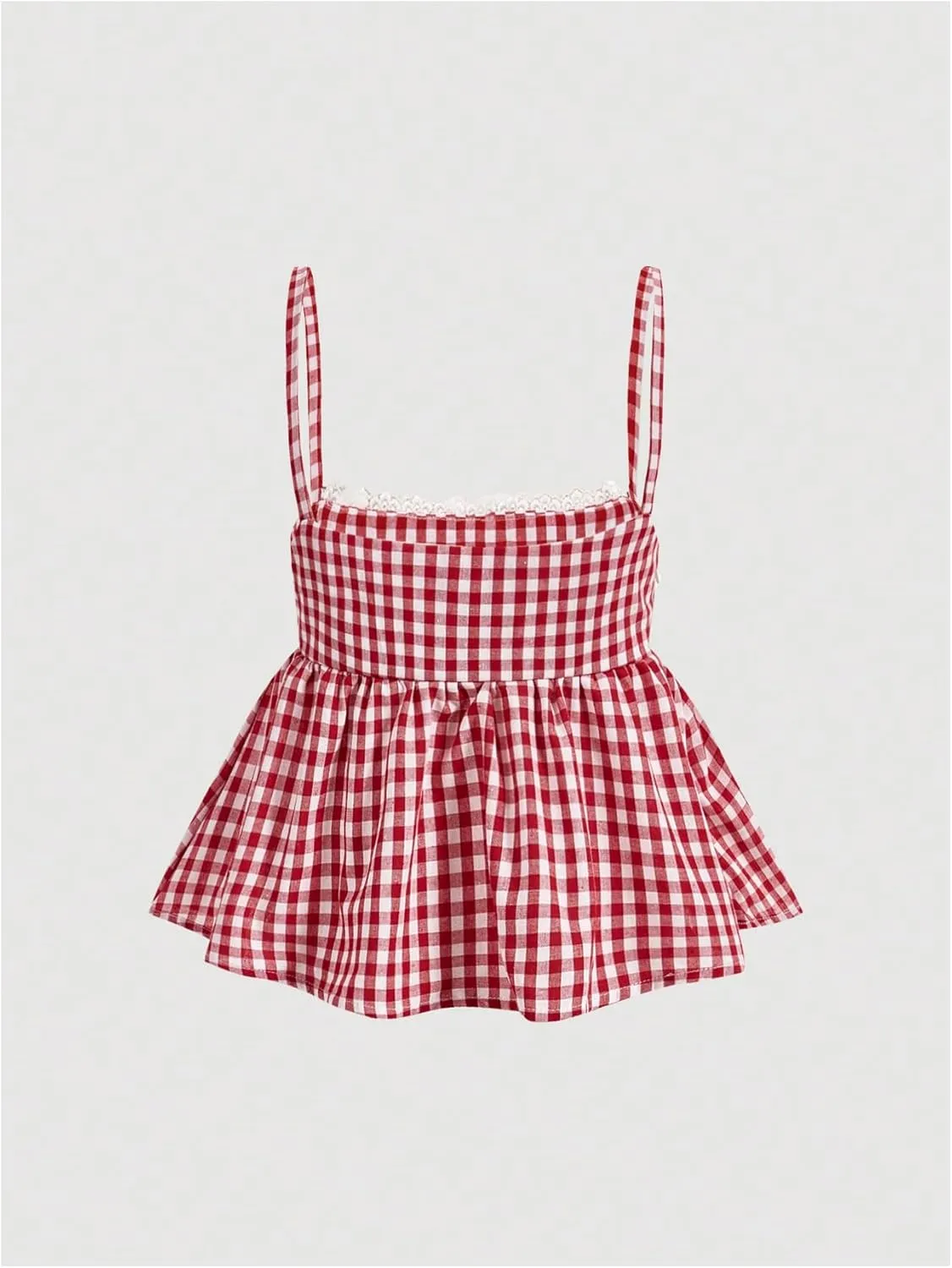 Women's Plaid Print Lace Bow Camisole Tops Spaghetti Strap Ruffle Hem Flared Cami Shirts Streetwear Cute Tops