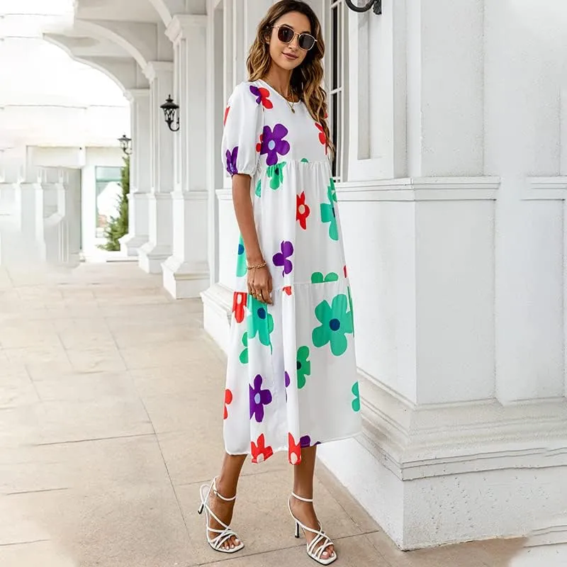 Women's Plus Size Puff Short Sleeve Loose Dress Casual Swing Printed Ruffle Midi Dress