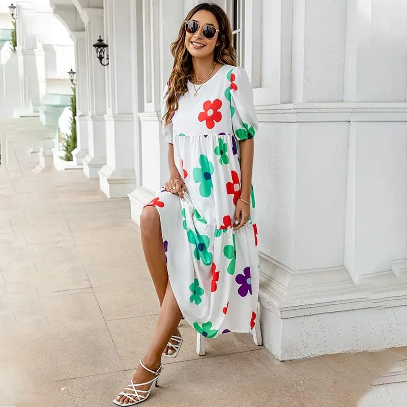 Women's Plus Size Puff Short Sleeve Loose Dress Casual Swing Printed Ruffle Midi Dress