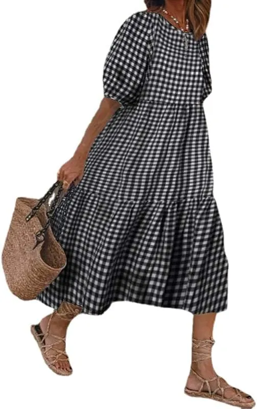 Women's Plus Size Puff Short Sleeve Loose Dress Casual Swing Printed Ruffle Midi Dress
