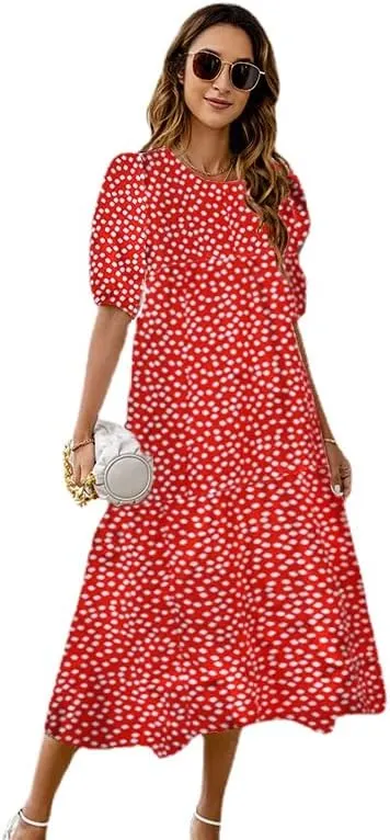 Women's Plus Size Puff Short Sleeve Loose Dress Casual Swing Printed Ruffle Midi Dress