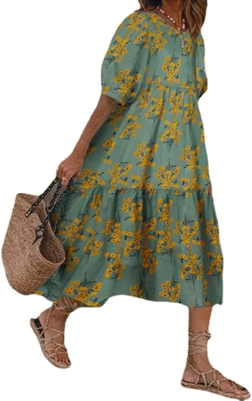 Women's Plus Size Puff Short Sleeve Loose Dress Casual Swing Printed Ruffle Midi Dress
