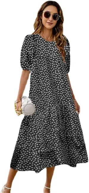 Women's Plus Size Puff Short Sleeve Loose Dress Casual Swing Printed Ruffle Midi Dress