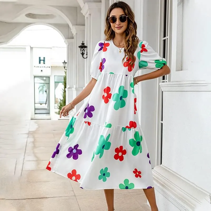 Women's Plus Size Puff Short Sleeve Loose Dress Casual Swing Printed Ruffle Midi Dress