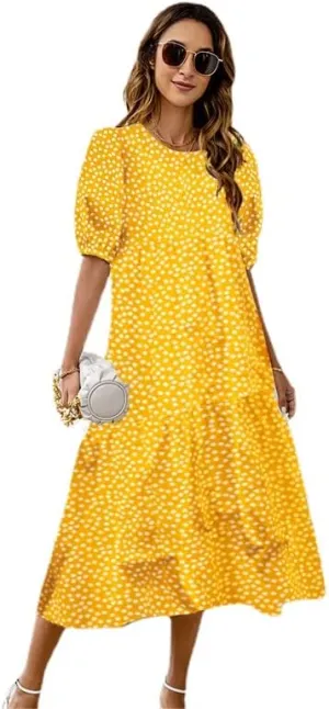 Women's Plus Size Puff Short Sleeve Loose Dress Casual Swing Printed Ruffle Midi Dress