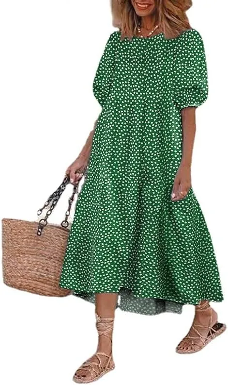 Women's Plus Size Puff Short Sleeve Loose Dress Casual Swing Printed Ruffle Midi Dress