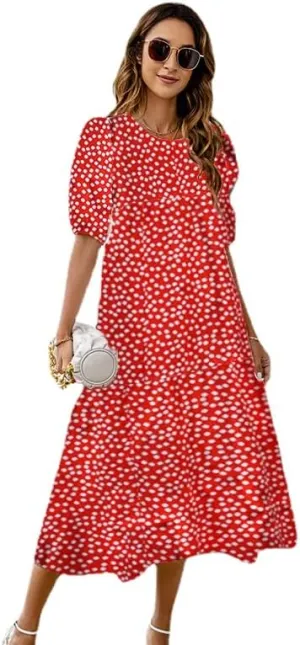Women's Plus Size Puff Short Sleeve Loose Dress Casual Swing Printed Ruffle Midi Dress