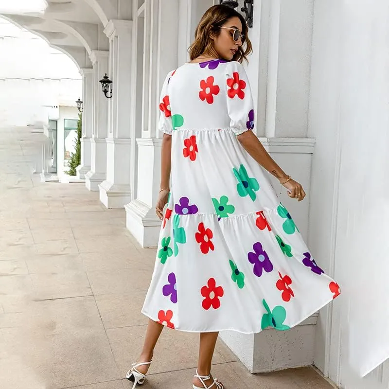 Women's Plus Size Puff Short Sleeve Loose Dress Casual Swing Printed Ruffle Midi Dress