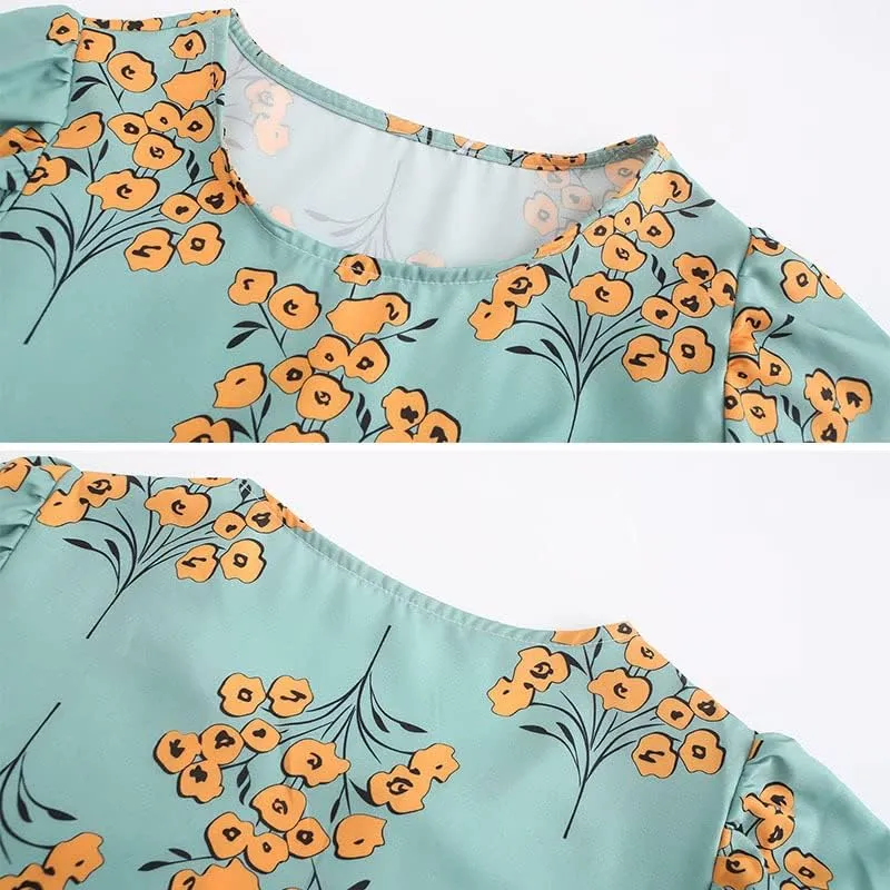 Women's Plus Size Puff Short Sleeve Loose Dress Casual Swing Printed Ruffle Midi Dress