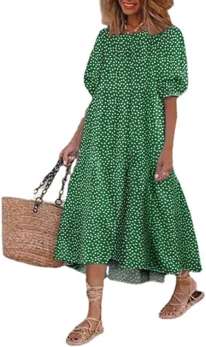 Women's Plus Size Puff Short Sleeve Loose Dress Casual Swing Printed Ruffle Midi Dress