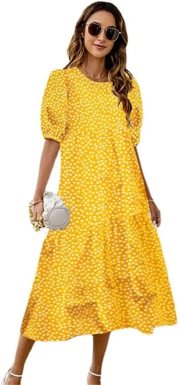 Women's Plus Size Puff Short Sleeve Loose Dress Casual Swing Printed Ruffle Midi Dress