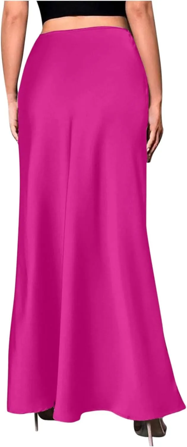 Women's Satin High Waisted Maxi Skirts Elegant Solid Color A Line Long Skirt Soft Work Office Half Dress