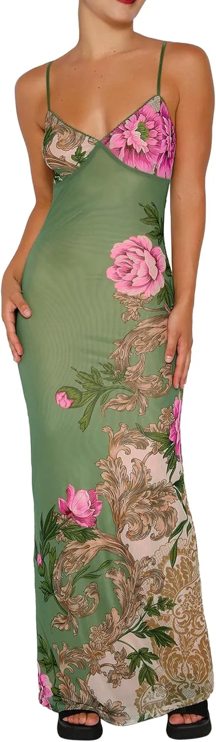 Womens Sexy V Neck Satin Maxi Dresses Spaghetti Strap Floral Print Dresses Slim Fit Elegant Long Dresses Night Party Outfits