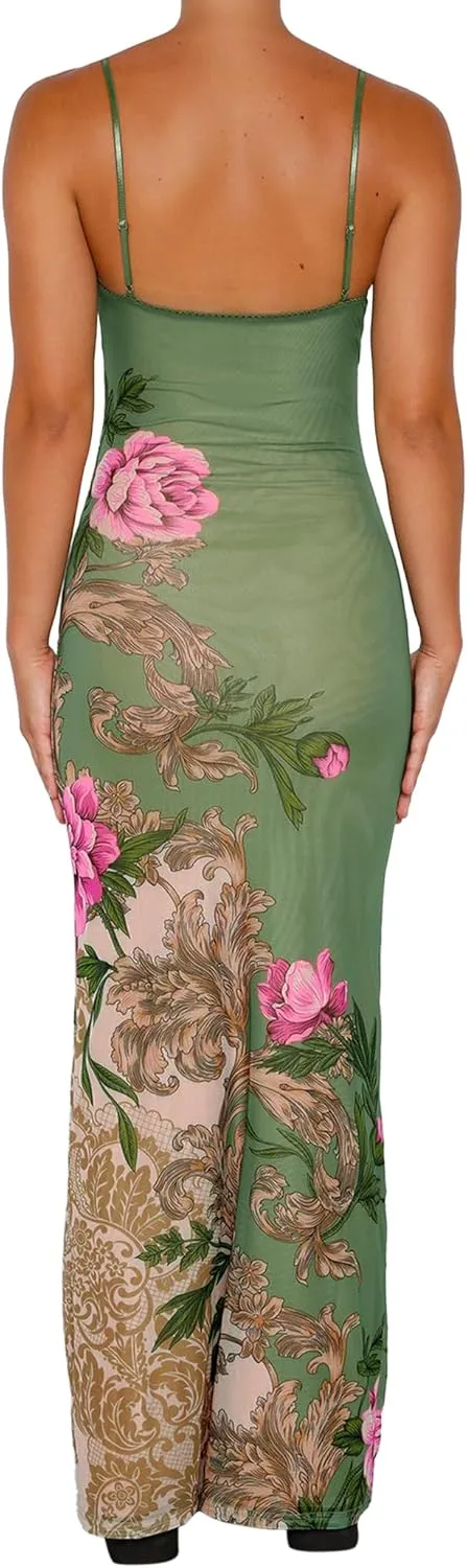 Womens Sexy V Neck Satin Maxi Dresses Spaghetti Strap Floral Print Dresses Slim Fit Elegant Long Dresses Night Party Outfits