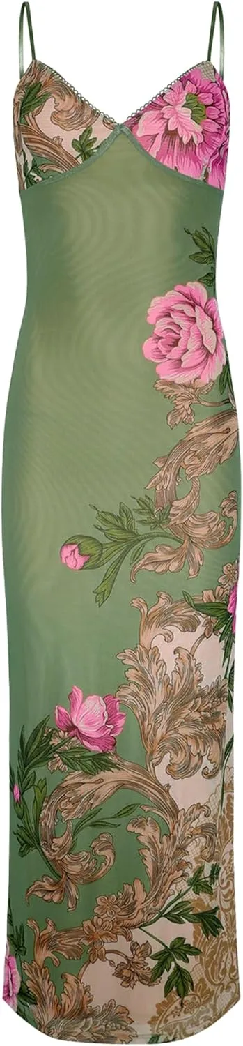 Womens Sexy V Neck Satin Maxi Dresses Spaghetti Strap Floral Print Dresses Slim Fit Elegant Long Dresses Night Party Outfits