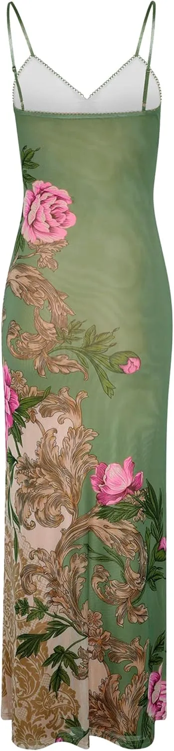 Womens Sexy V Neck Satin Maxi Dresses Spaghetti Strap Floral Print Dresses Slim Fit Elegant Long Dresses Night Party Outfits