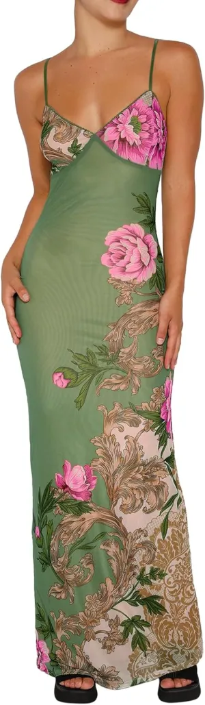 Womens Sexy V Neck Satin Maxi Dresses Spaghetti Strap Floral Print Dresses Slim Fit Elegant Long Dresses Night Party Outfits