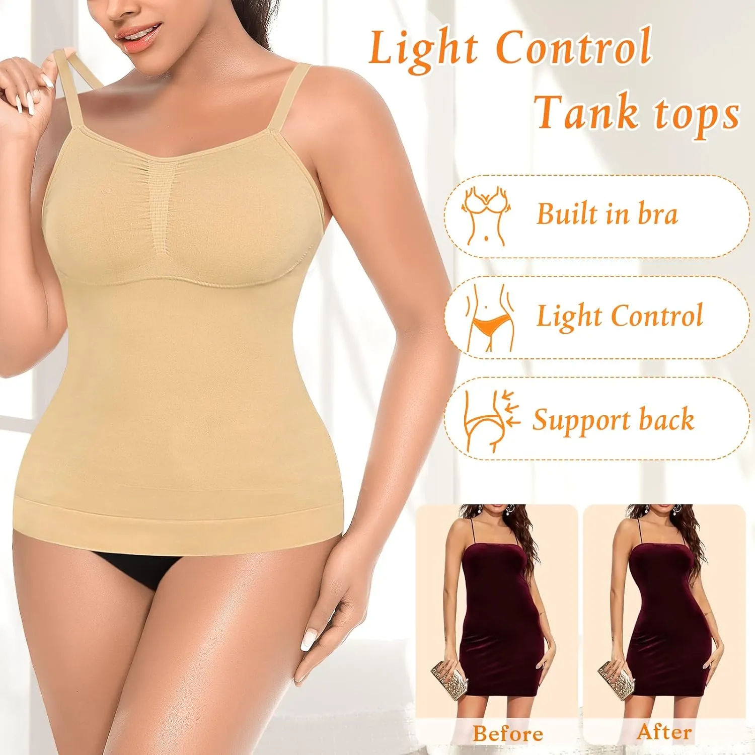 Womens Shapewear Tank Tops with Built in Bra Tummy Control Cami Shaper Compression Shaping Tops
