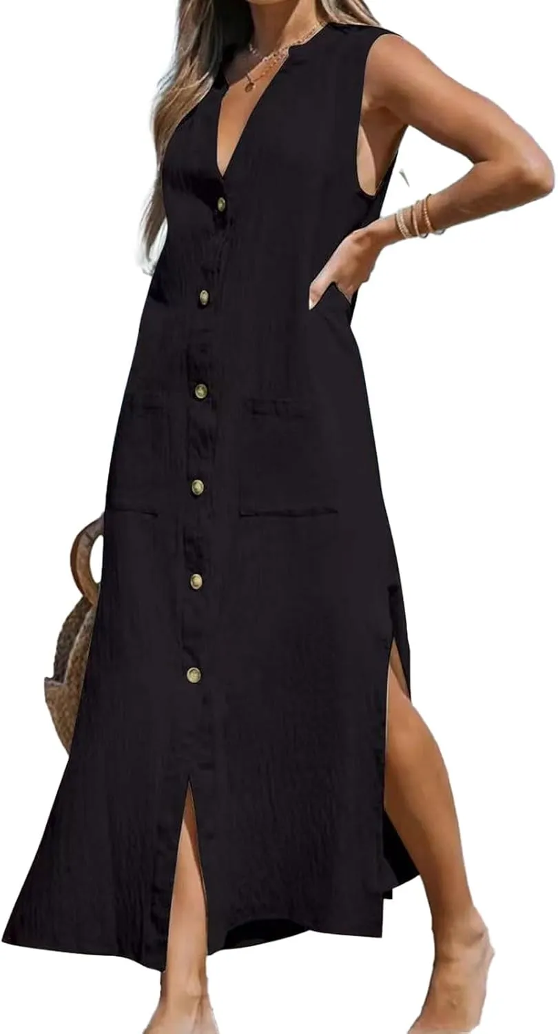 Womens Slesveless Cotton Linen Shirt Dress Deep V Neck Button Side Slit Sundress Casual Summer Maxi Tunic Tank Dress