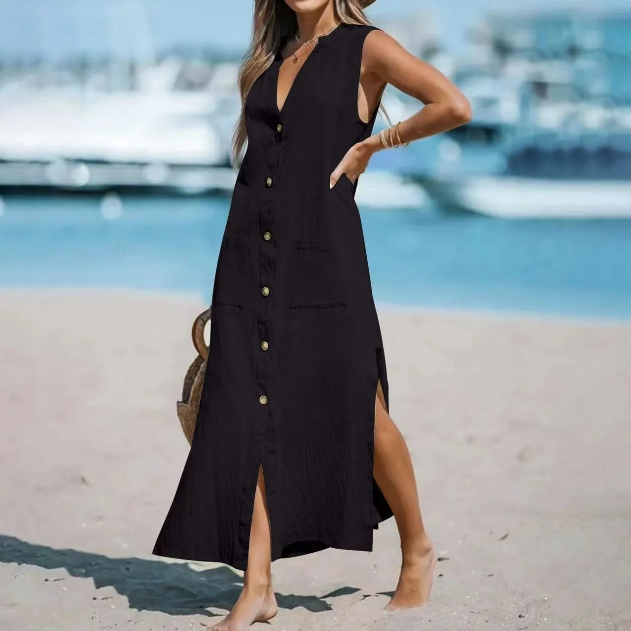 Womens Slesveless Cotton Linen Shirt Dress Deep V Neck Button Side Slit Sundress Casual Summer Maxi Tunic Tank Dress
