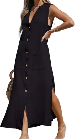 Womens Slesveless Cotton Linen Shirt Dress Deep V Neck Button Side Slit Sundress Casual Summer Maxi Tunic Tank Dress