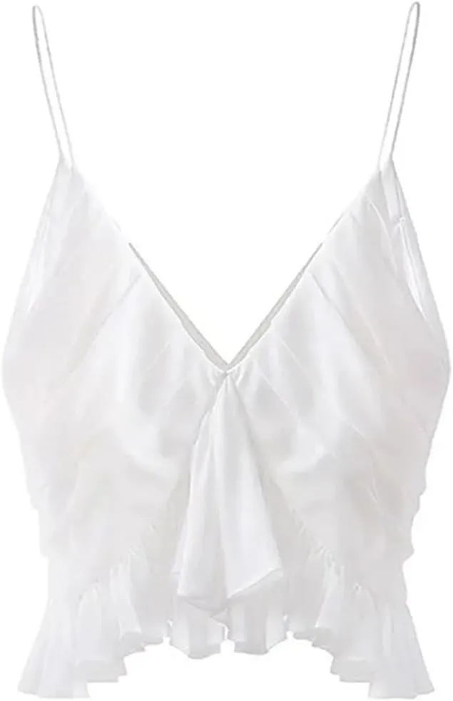 Womens Solid Summer Camisole Tank Tops Sleeveless V Neck Irregular Ruffle Backless Crop Tops