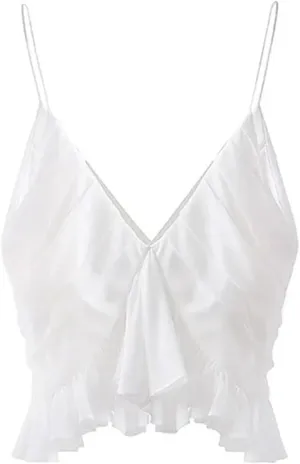 Womens Solid Summer Camisole Tank Tops Sleeveless V Neck Irregular Ruffle Backless Crop Tops
