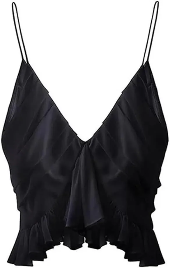 Womens Solid Summer Camisole Tank Tops Sleeveless V Neck Irregular Ruffle Backless Crop Tops