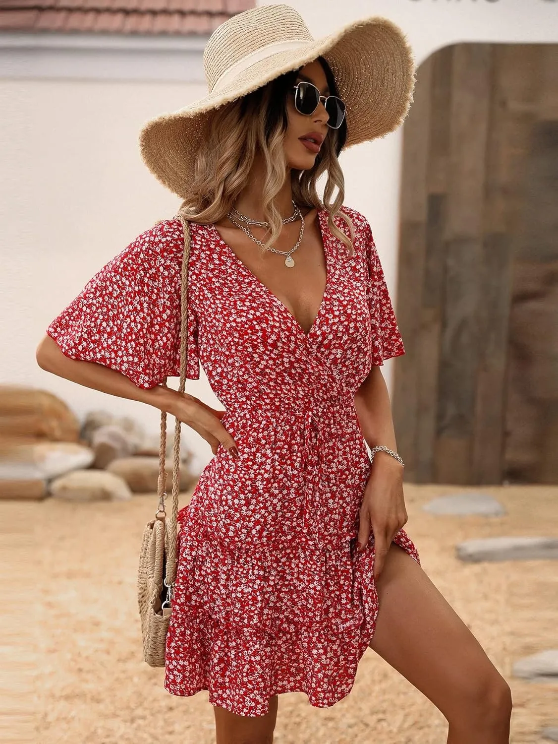 Women's Spring Summer 2023 Boho Mini Short Dress Floral Sleeve Ruffle Hem Dress