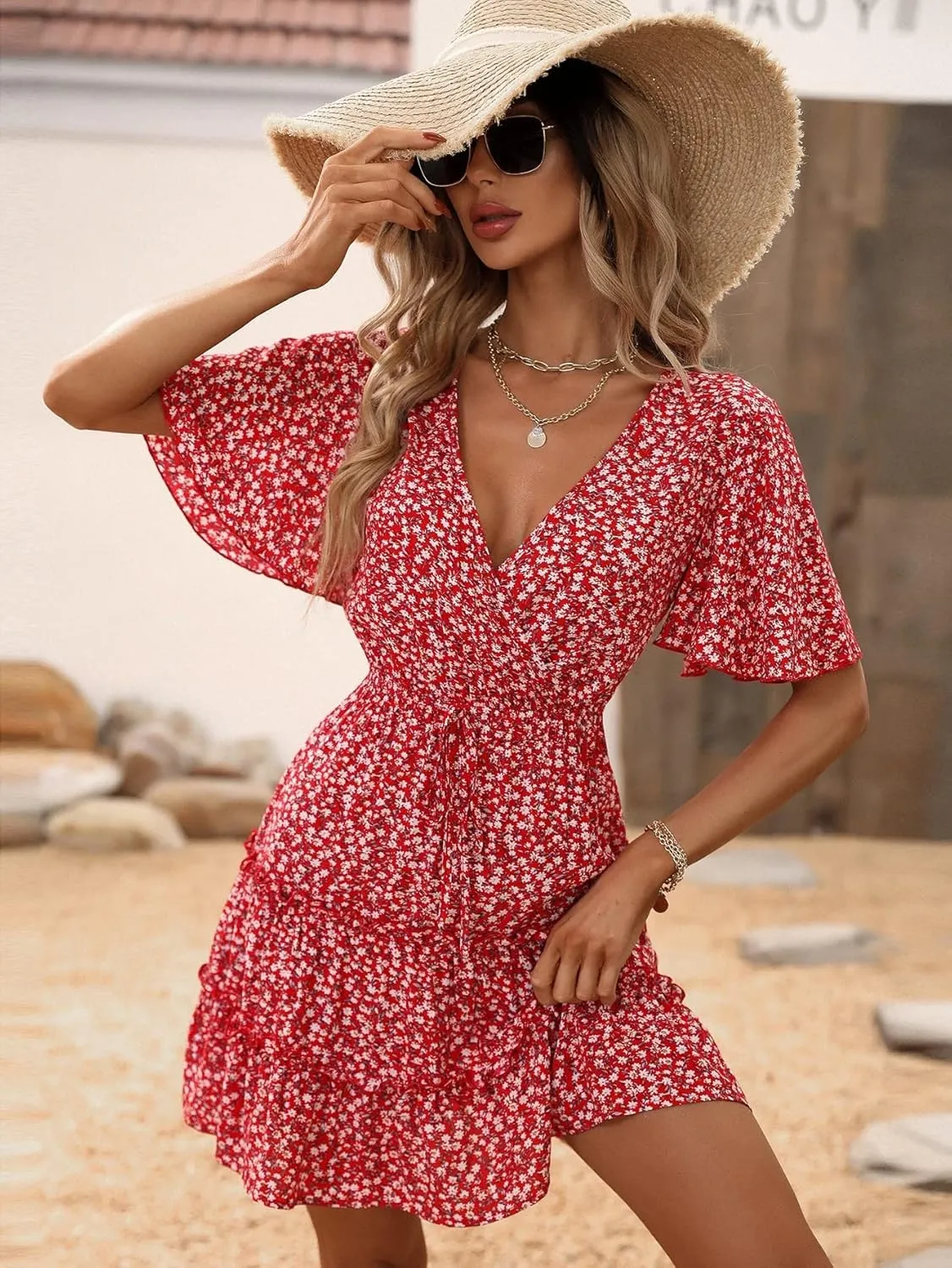 Women's Spring Summer 2023 Boho Mini Short Dress Floral Sleeve Ruffle Hem Dress
