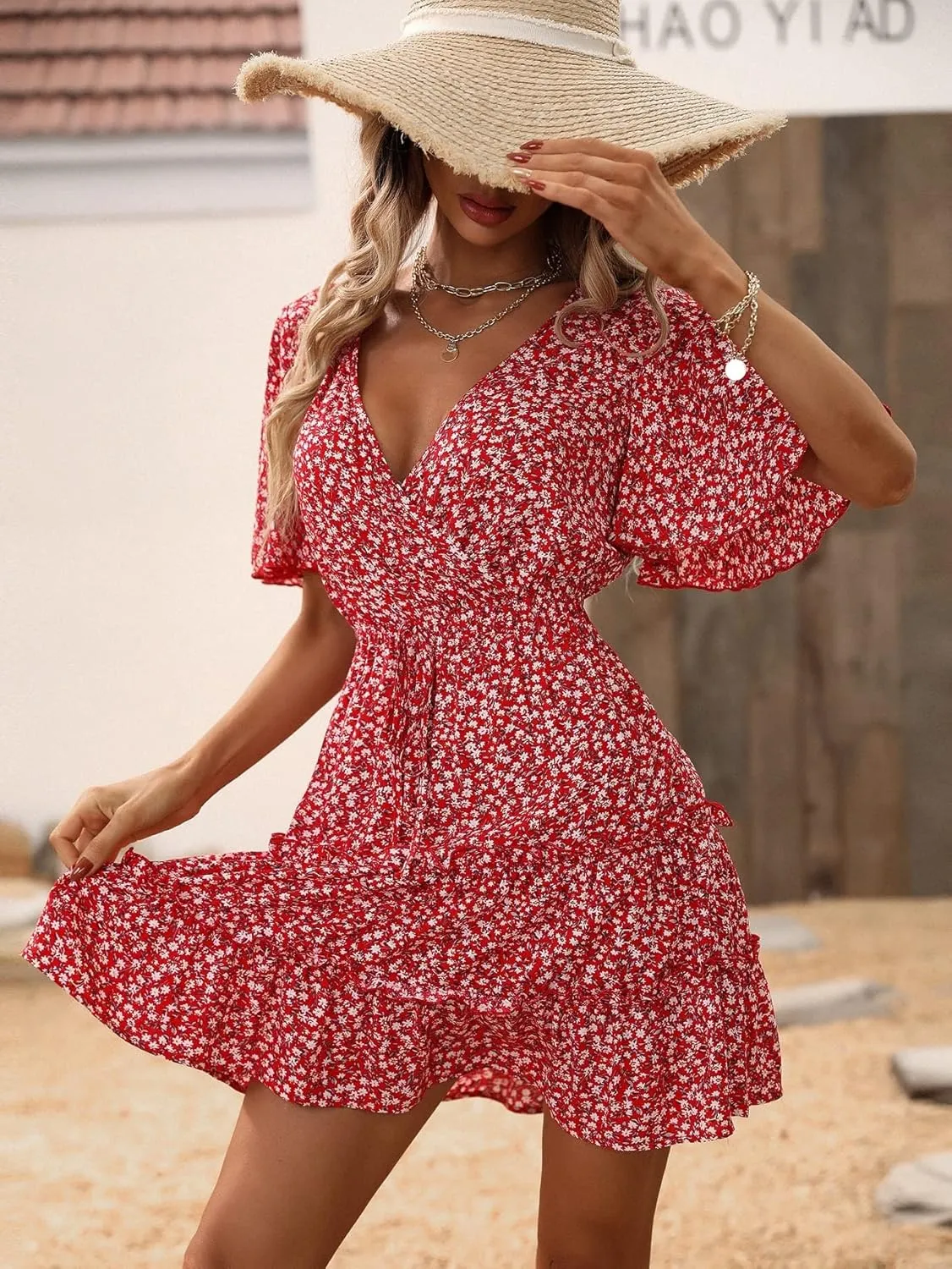 Women's Spring Summer 2023 Boho Mini Short Dress Floral Sleeve Ruffle Hem Dress