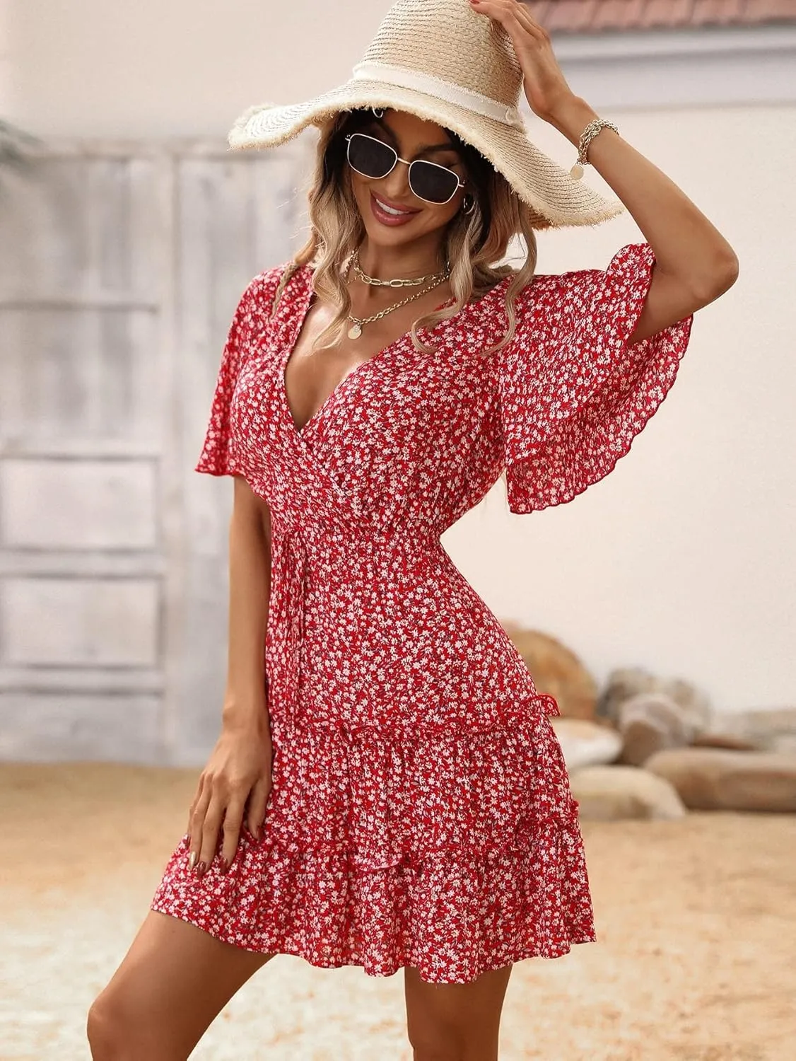 Women's Spring Summer 2023 Boho Mini Short Dress Floral Sleeve Ruffle Hem Dress