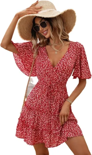 Women's Spring Summer 2023 Boho Mini Short Dress Floral Sleeve Ruffle Hem Dress
