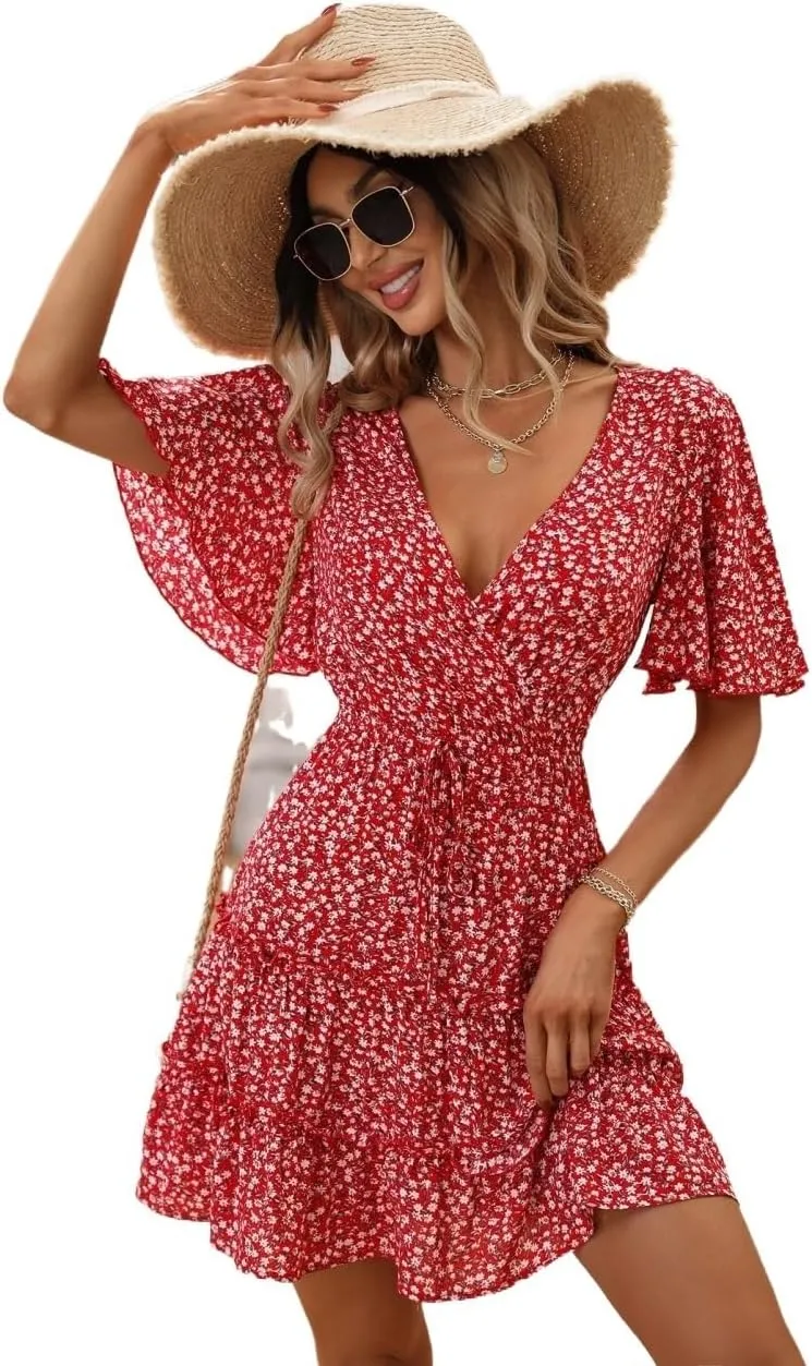 Women's Spring Summer 2023 Boho Mini Short Dress Floral Sleeve Ruffle Hem Dress