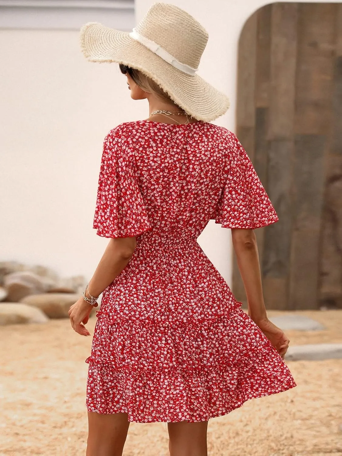 Women's Spring Summer 2023 Boho Mini Short Dress Floral Sleeve Ruffle Hem Dress