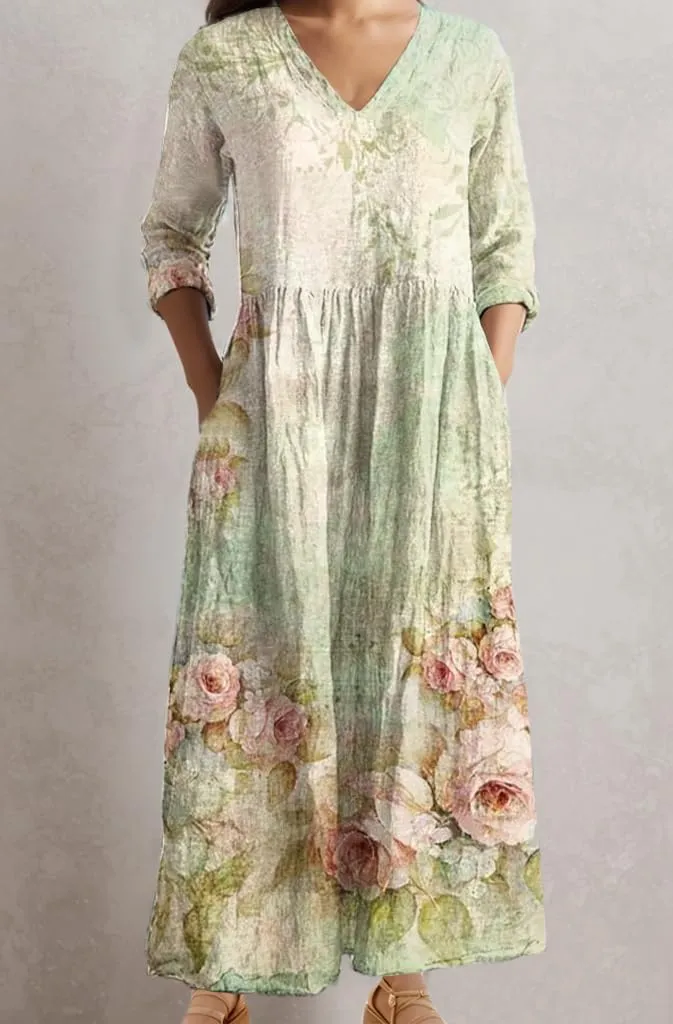 Women's Summer Boho Floral Long Sleeve Maxi Dress Flowy Casual Loose Bohemia Beach Vacation Dress with Pockets