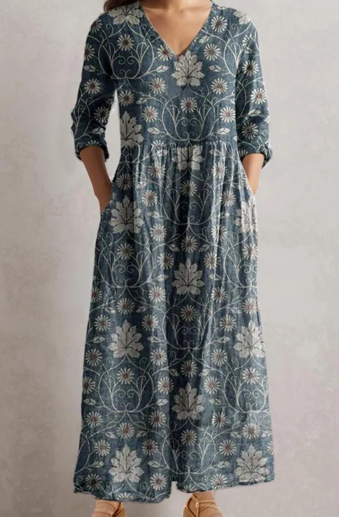 Women's Summer Boho Floral Long Sleeve Maxi Dress Flowy Casual Loose Bohemia Beach Vacation Dress with Pockets