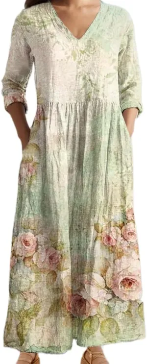 Women's Summer Boho Floral Long Sleeve Maxi Dress Flowy Casual Loose Bohemia Beach Vacation Dress with Pockets