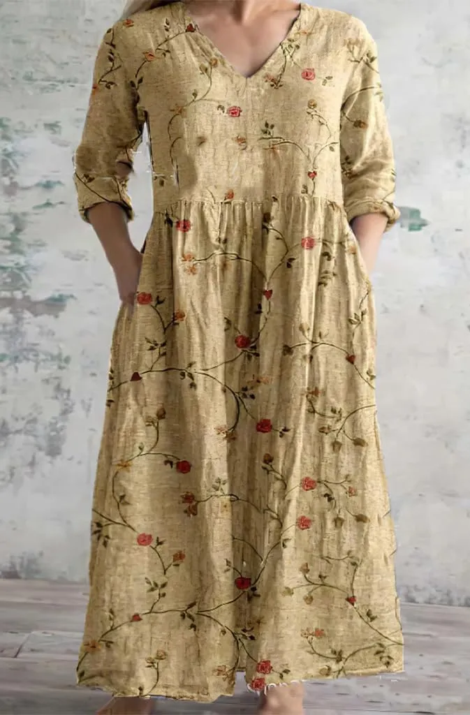 Women's Summer Boho Floral Long Sleeve Maxi Dress Flowy Casual Loose Bohemia Beach Vacation Dress with Pockets