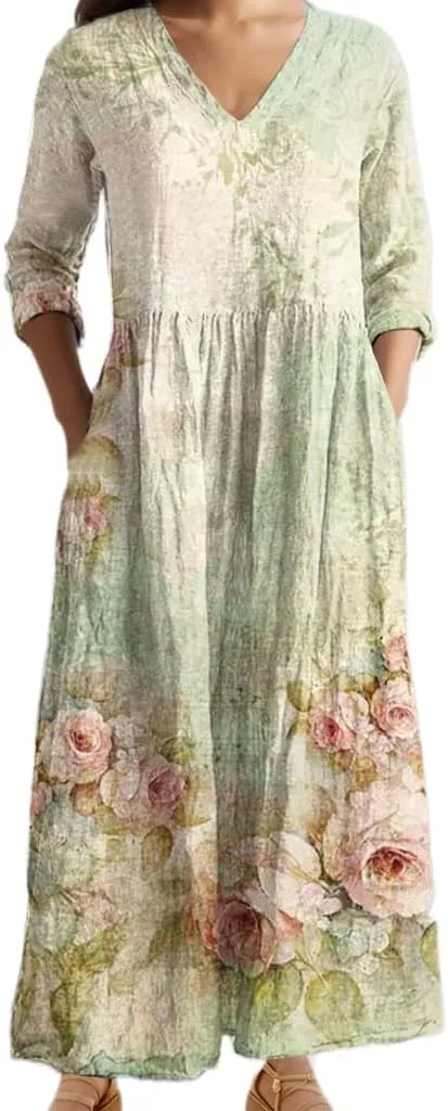 Women's Summer Boho Floral Long Sleeve Maxi Dress Flowy Casual Loose Bohemia Beach Vacation Dress with Pockets