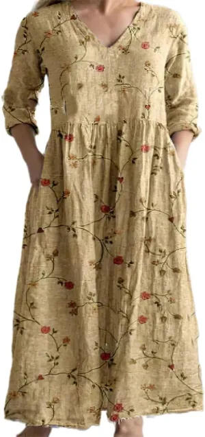 Women's Summer Boho Floral Long Sleeve Maxi Dress Flowy Casual Loose Bohemia Beach Vacation Dress with Pockets