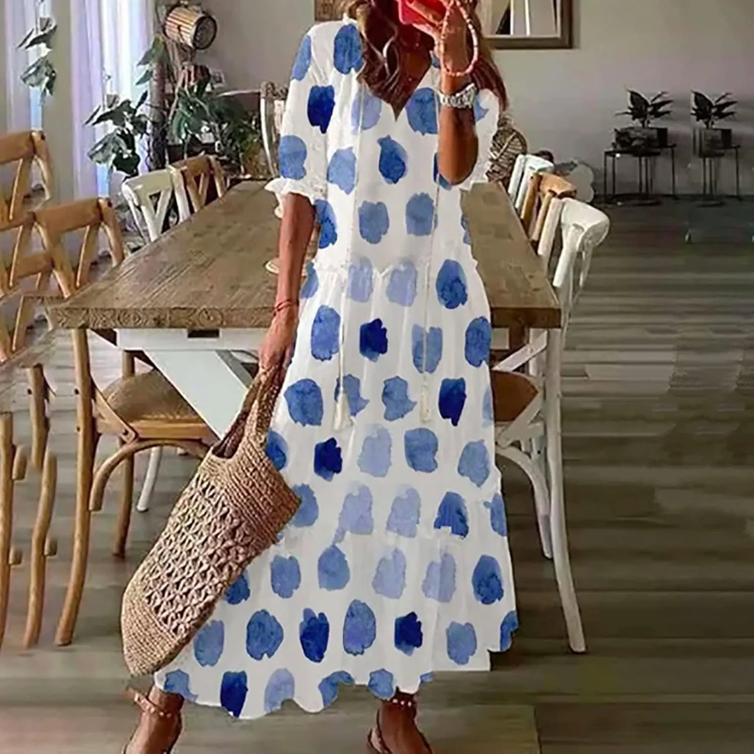Women's Summer Boho Floral V Neck Ruffle Maxi Dress Flowy Casual Short Sleeve Tiered Beach Wedding Guest Tshirt Dress