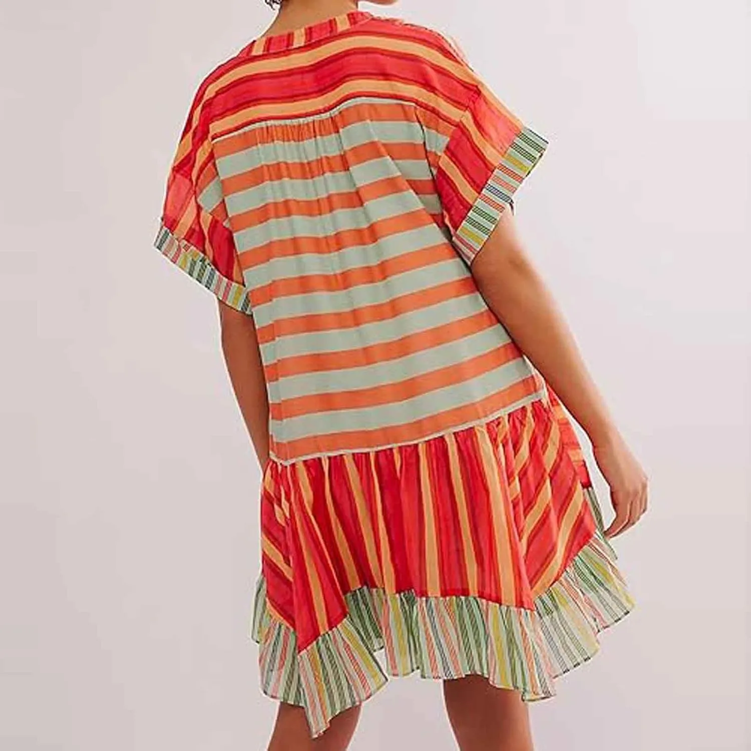 Womens Summer Dress Casual Vintage Floral Boho V Neck Swing Short Sleeve Pleated Ruffle Hem A-Line Beach Mini Dress