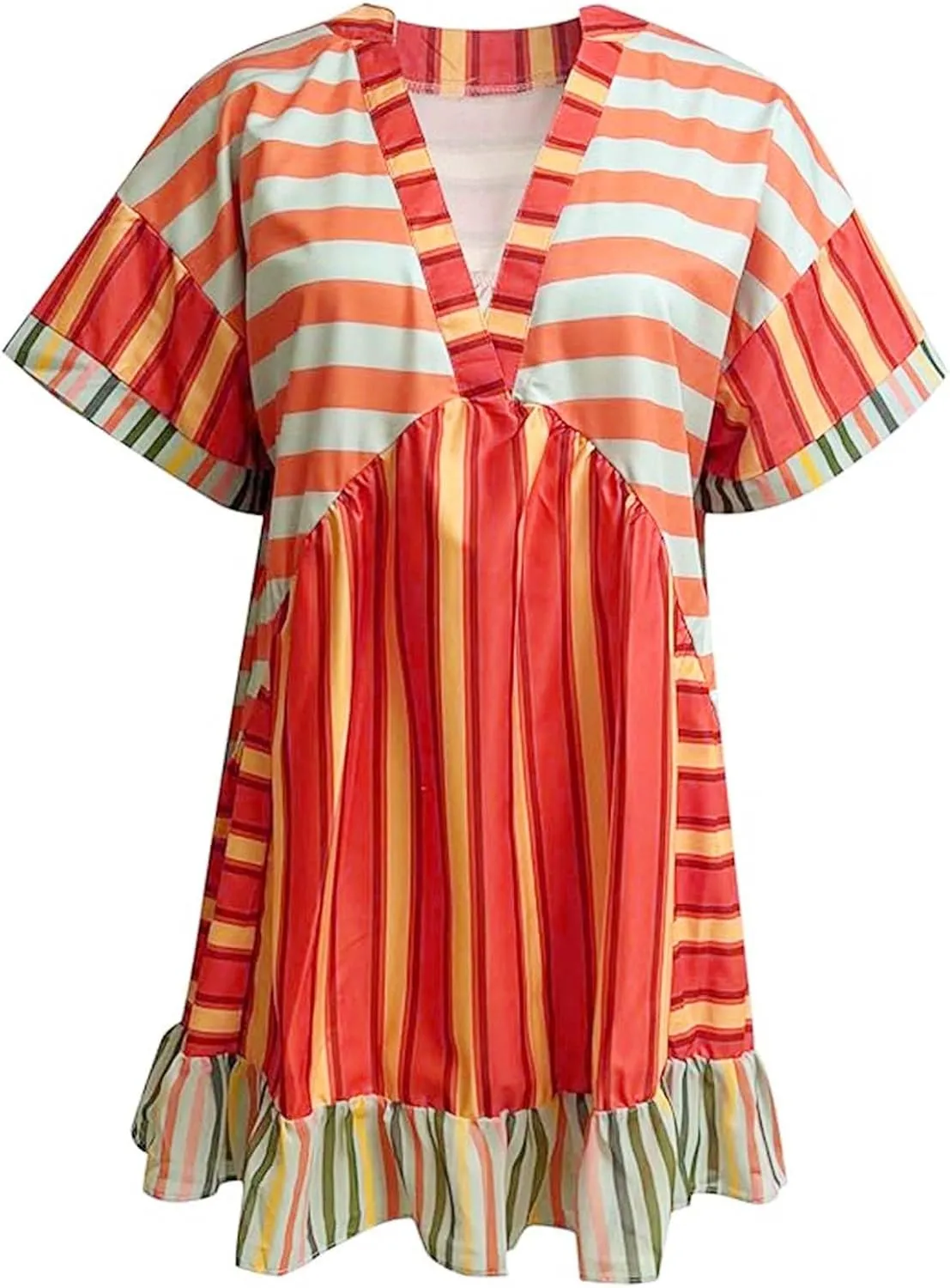 Womens Summer Dress Casual Vintage Floral Boho V Neck Swing Short Sleeve Pleated Ruffle Hem A-Line Beach Mini Dress