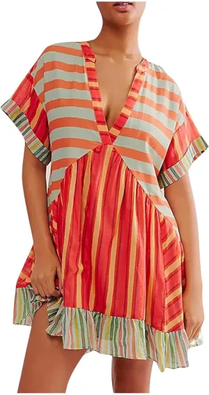 Womens Summer Dress Casual Vintage Floral Boho V Neck Swing Short Sleeve Pleated Ruffle Hem A-Line Beach Mini Dress