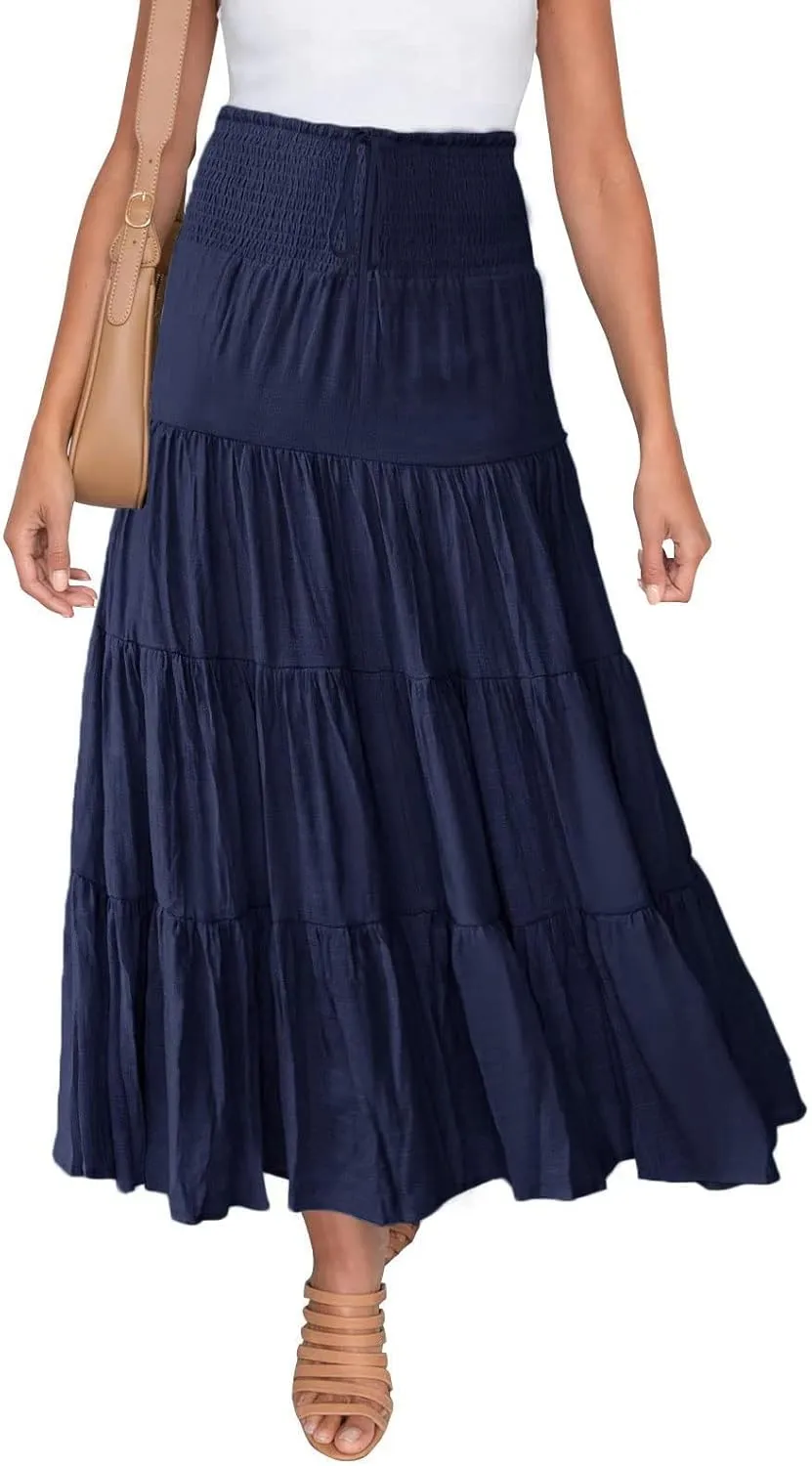 Women's Summer Elastic High Waist Boho Maxi Skirt Casual Drawstring A Line Long Skirt Princess Skirt