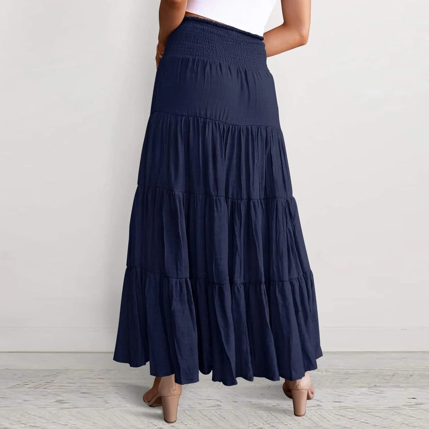 Women's Summer Elastic High Waist Boho Maxi Skirt Casual Drawstring A Line Long Skirt Princess Skirt