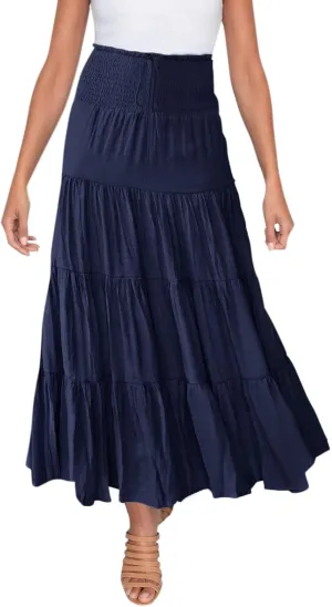 Women's Summer Elastic High Waist Boho Maxi Skirt Casual Drawstring A Line Long Skirt Princess Skirt