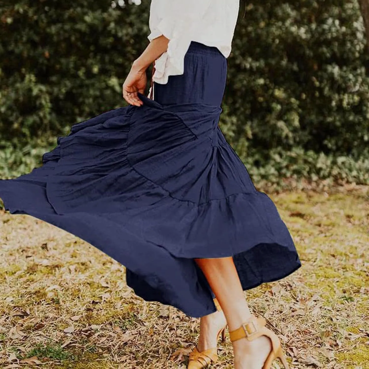 Women's Summer Elastic High Waist Boho Maxi Skirt Casual Drawstring A Line Long Skirt Princess Skirt